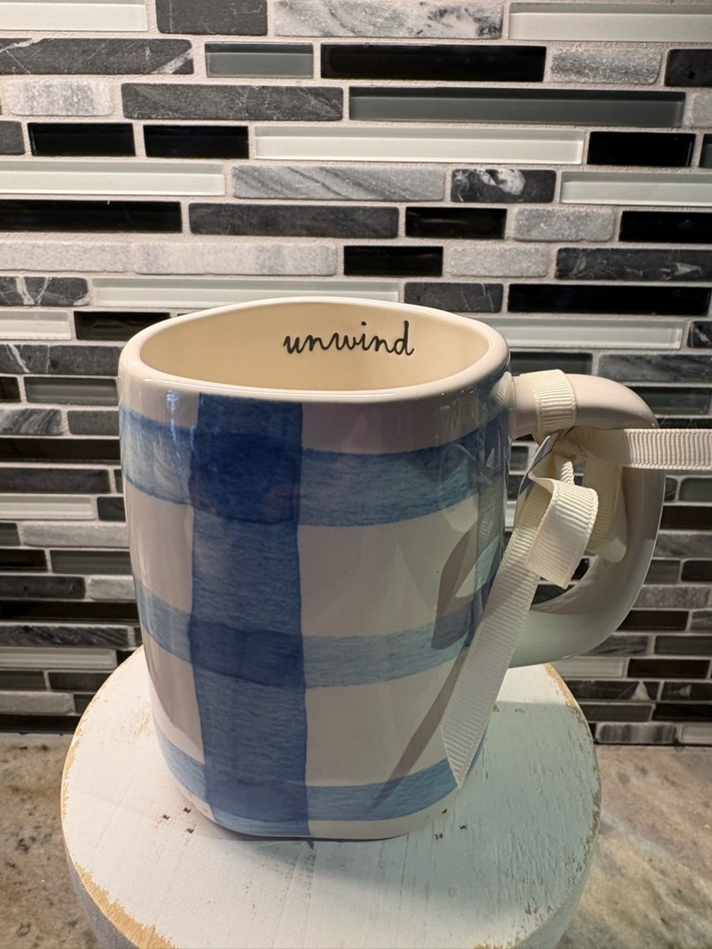 Rae Dunn Blue Plaid 'Unwind' Ceramic Mug